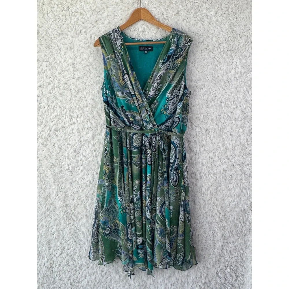 Jones New York‎ Paisley Faux Wrap Dress 14W Green Blue Boho Sleeveless Midi